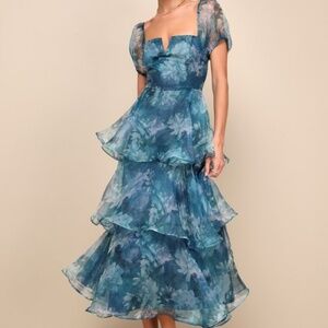 Lulus Darling Vision Teal Floral Organza Puff Sleeve Tiered Midi Dress Blue